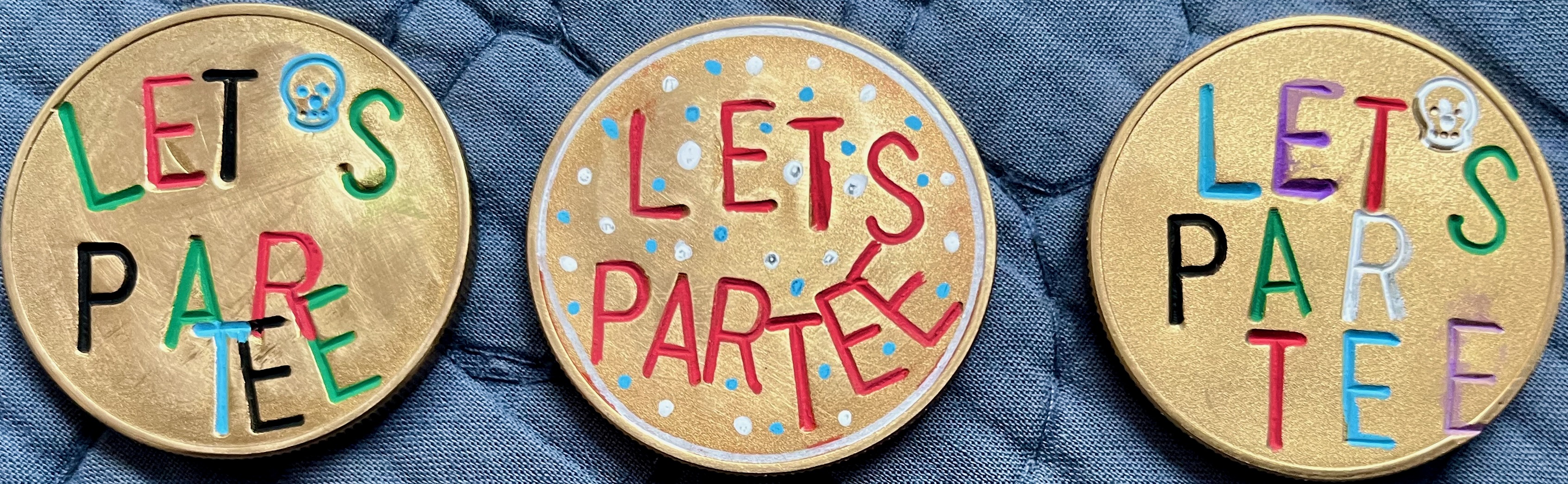 Let's Partee – three gold hand-painted ball markers